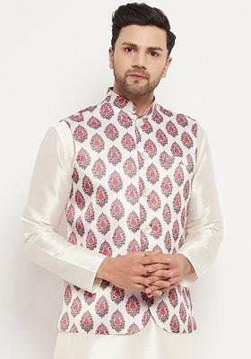 Cream Woven Poly Blend Nehru Jacket For Men