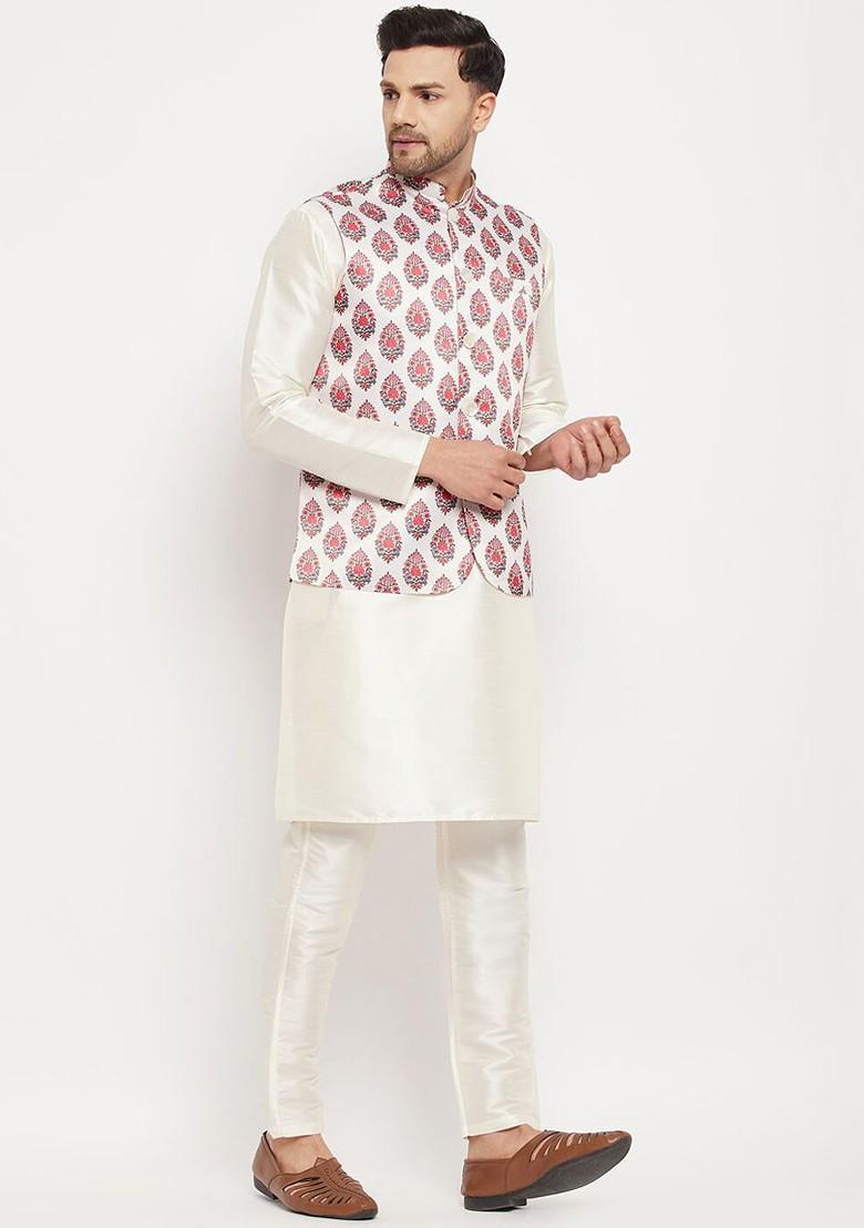 Cream Woven Poly Blend Nehru Jacket For Men