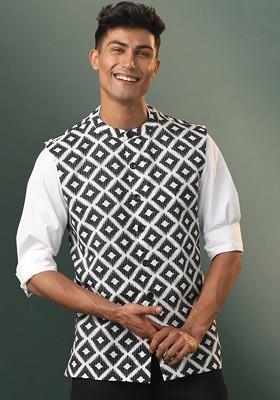 White Ikat Print Cotton Nehru Jacket For Men