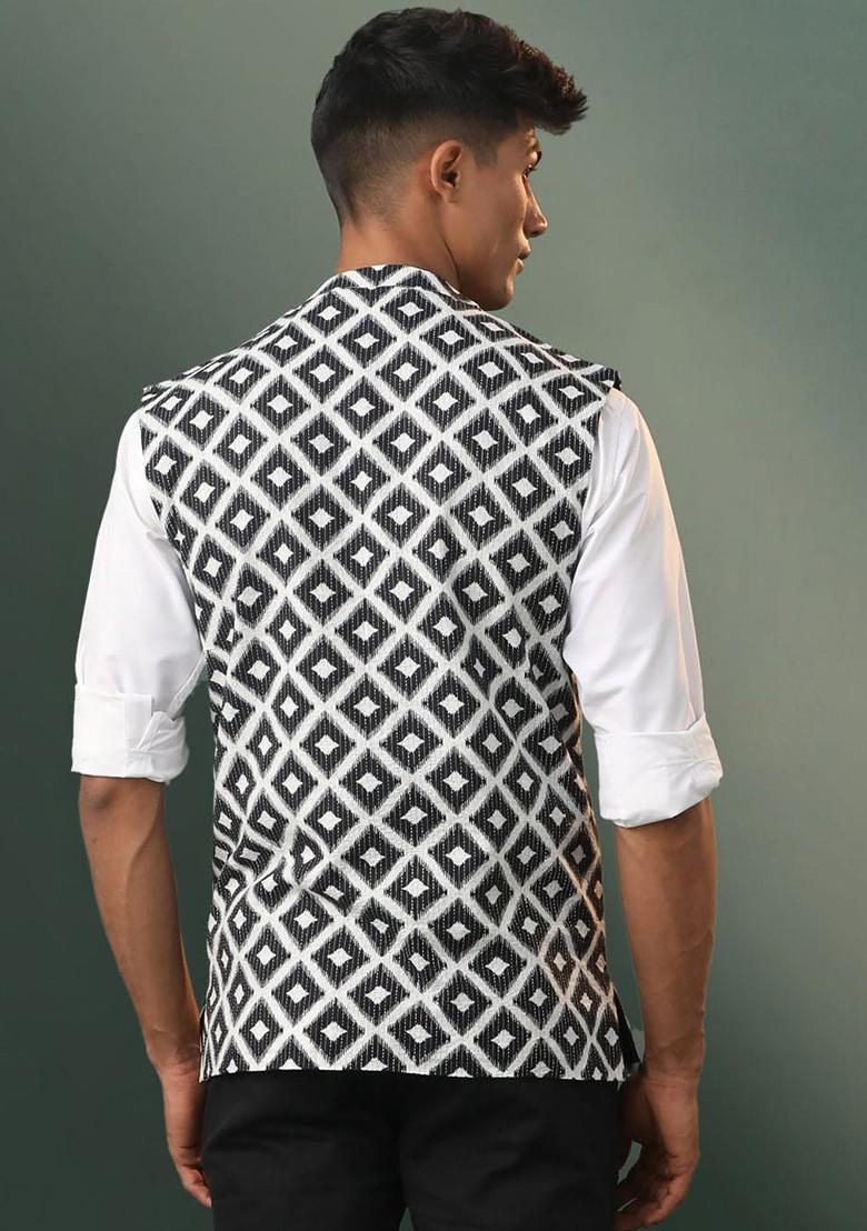 White Ikat Print Cotton Nehru Jacket For Men