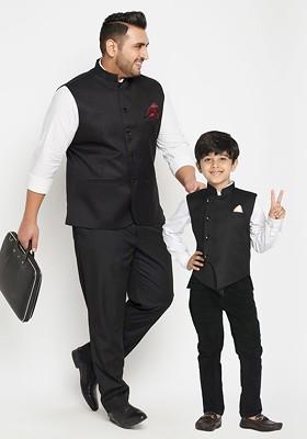 Black Solid Poly Blend Nehru Jacket For Men