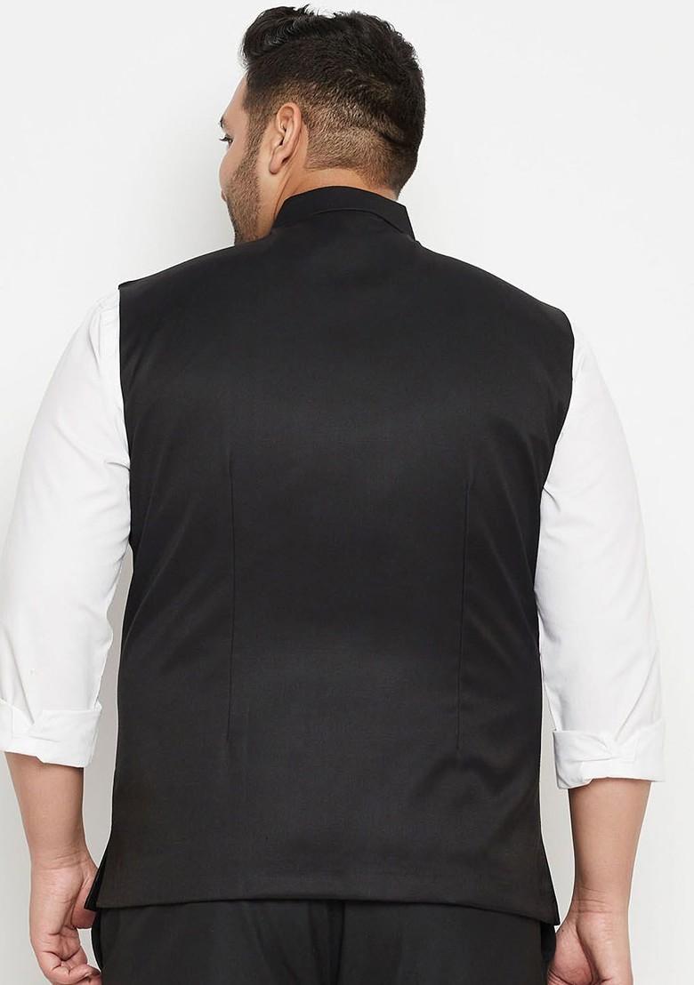 Black Solid Poly Blend Nehru Jacket For Men