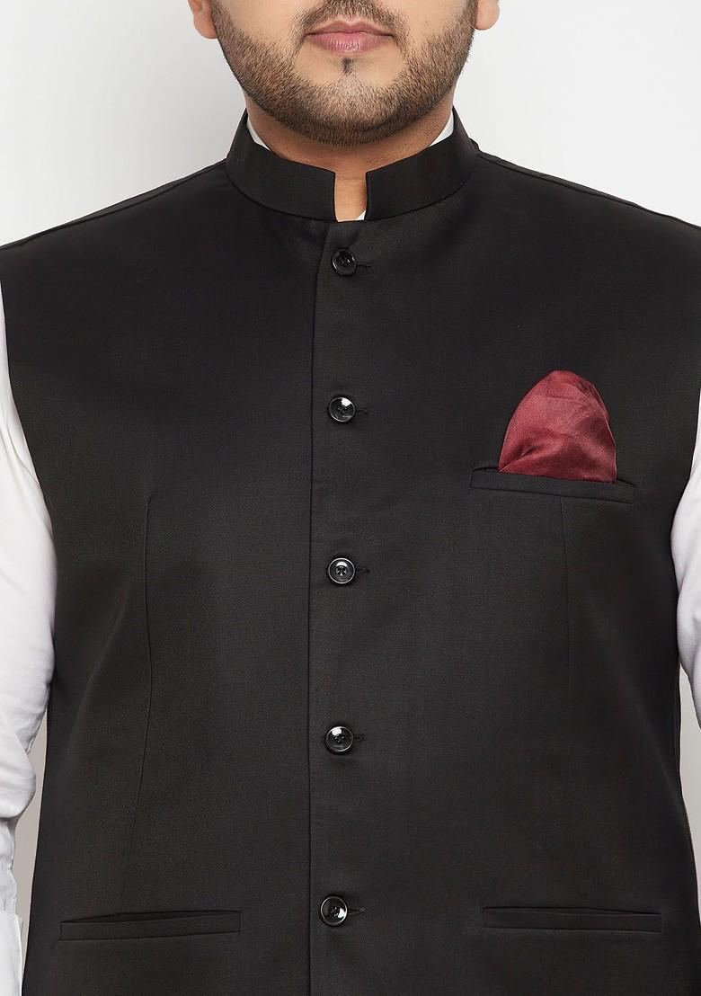 Black Solid Poly Blend Nehru Jacket For Men