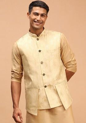 Gold Woven Poly Blend Nehru Jacket For Men