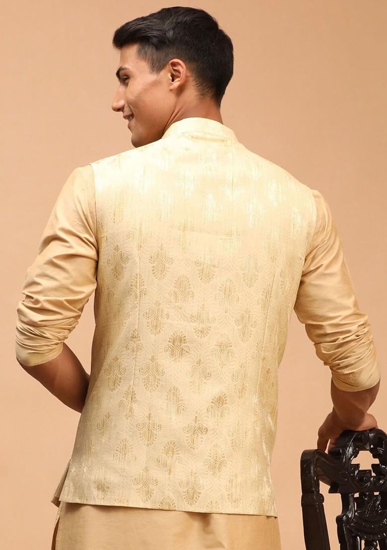 Gold Woven Poly Blend Nehru Jacket For Men