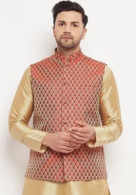 Maroon Woven Poly Blend Nehru Jacket For Men