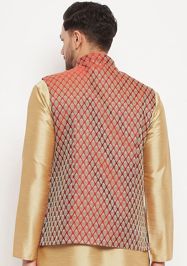 Maroon Woven Poly Blend Nehru Jacket For Men