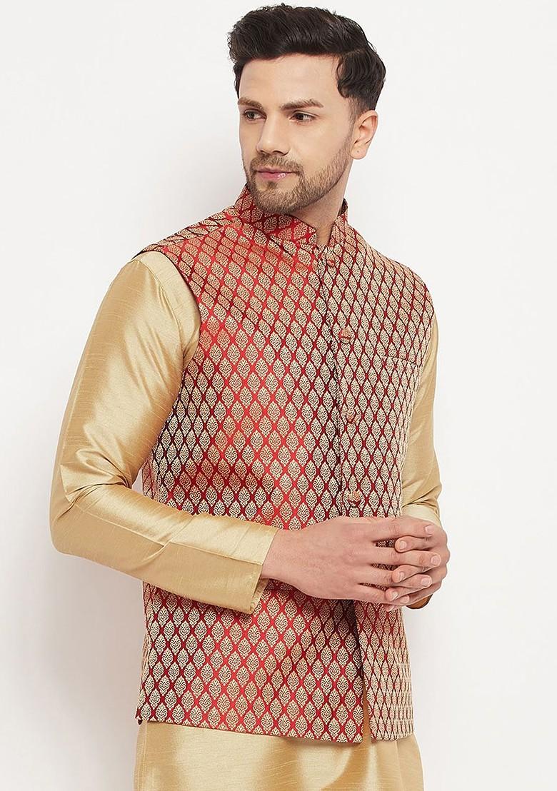 Maroon Woven Poly Blend Nehru Jacket For Men