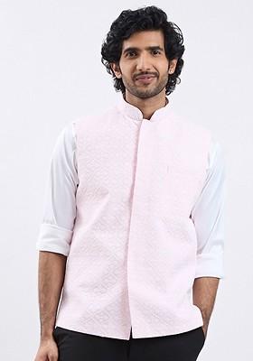 Pink Embroidered Poly Blend Nehru Jacket For Men