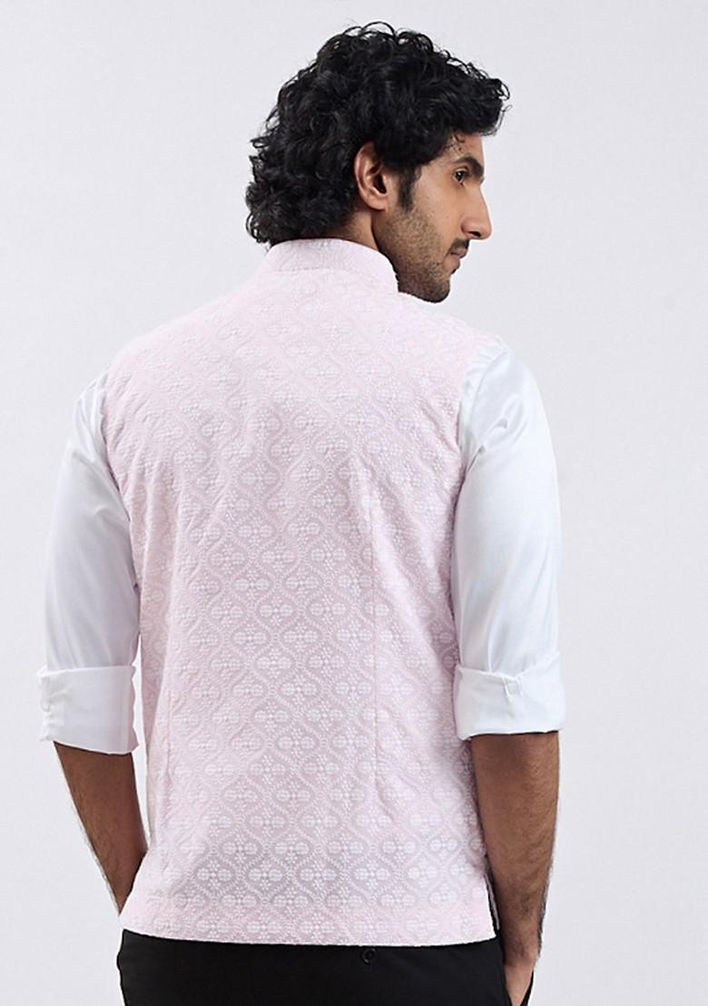Pink Embroidered Poly Blend Nehru Jacket For Men