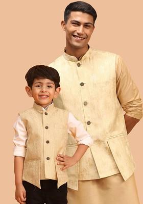 Gold Woven Poly Blend Nehru Jacket For Men