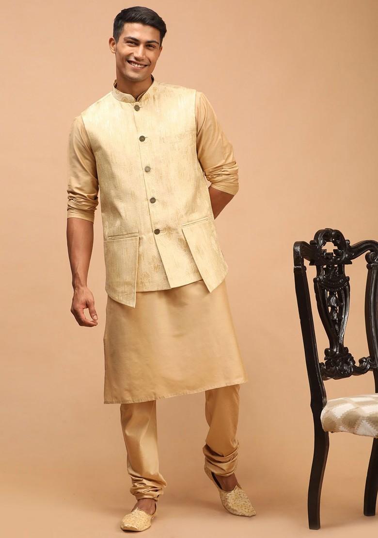 Gold Woven Poly Blend Nehru Jacket For Men