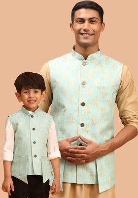 Sea Green Woven Poly Blend Nehru Jacket For Men
