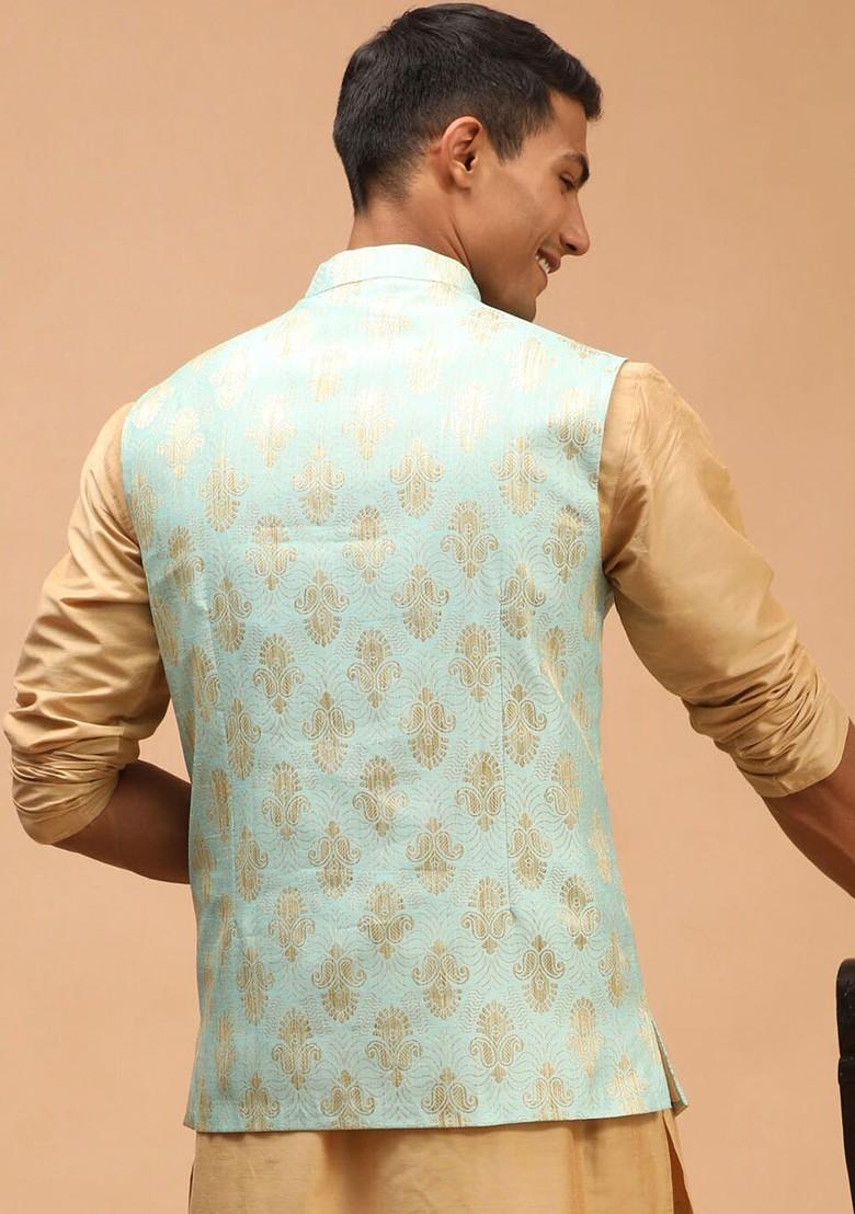 Sea Green Woven Poly Blend Nehru Jacket For Men