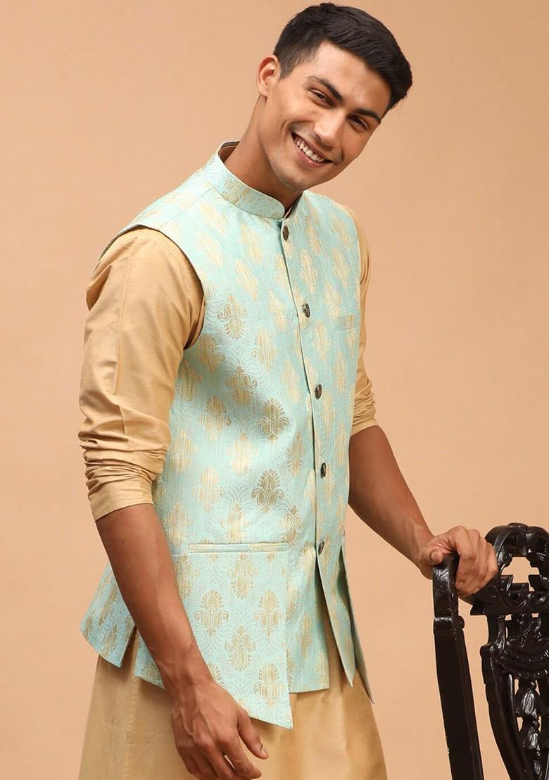 Sea Green Woven Poly Blend Nehru Jacket For Men