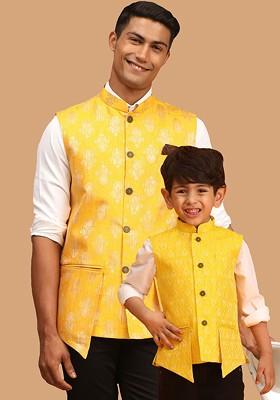 Yellow Woven Poly Blend Nehru Jacket For Men