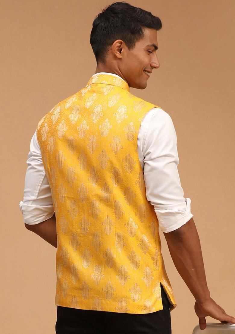 Yellow Woven Poly Blend Nehru Jacket For Men