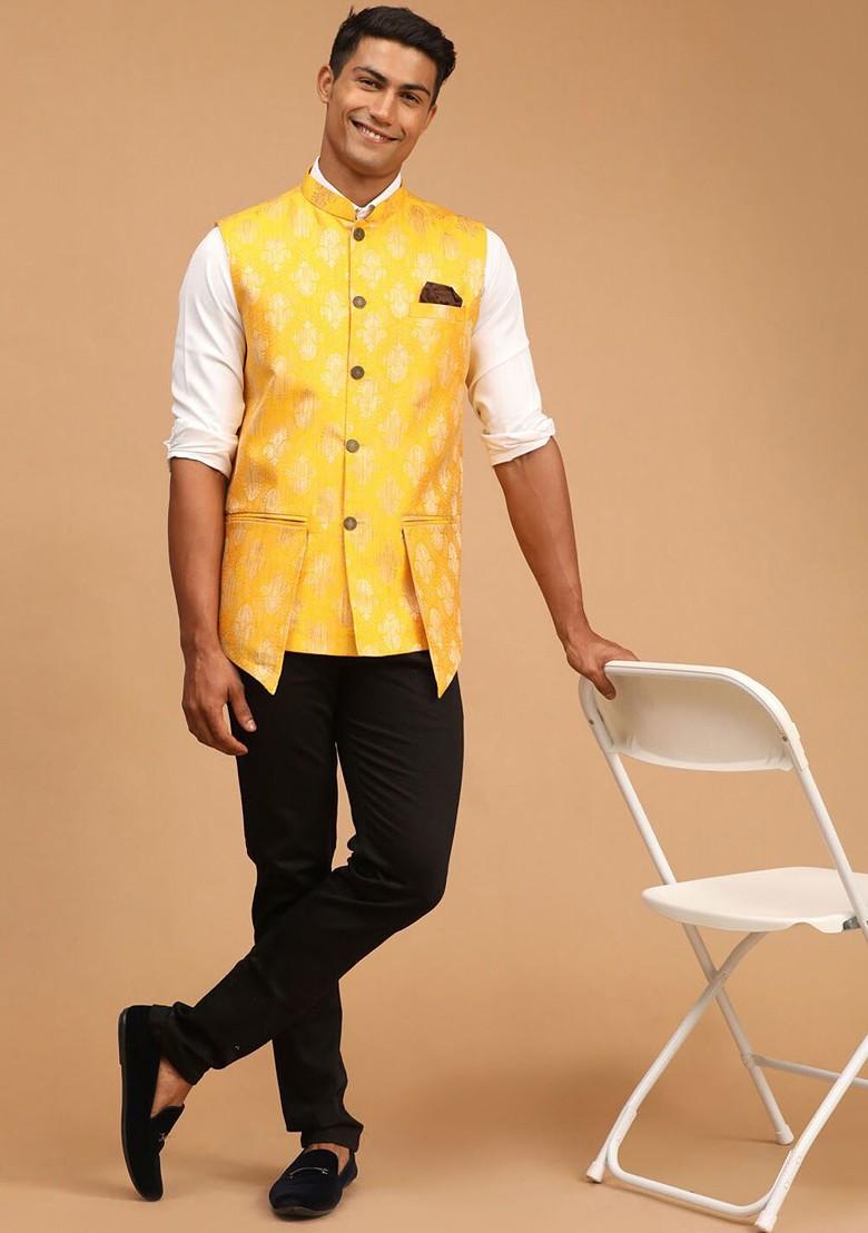 Yellow Woven Poly Blend Nehru Jacket For Men