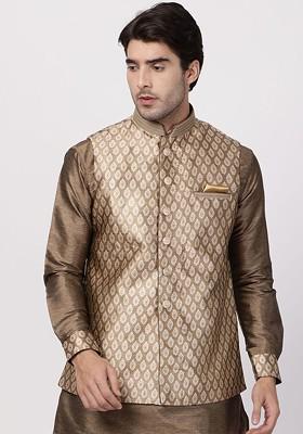 Gold Woven Poly Blend Nehru Jacket For Men