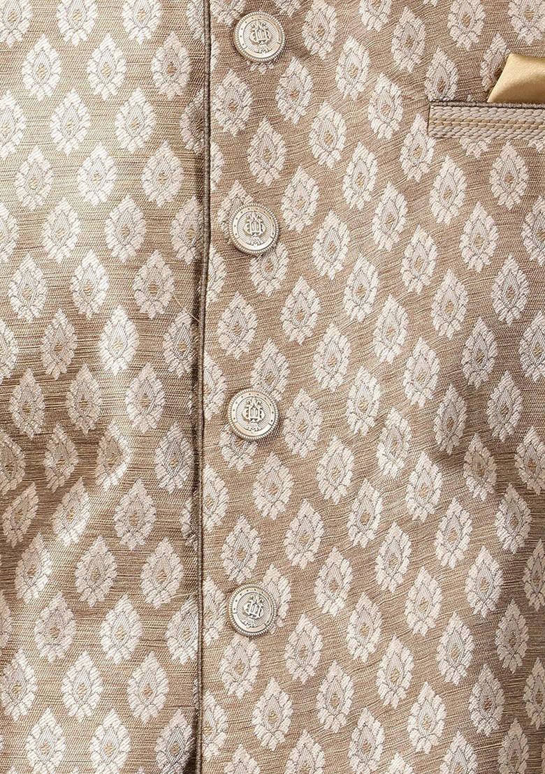 Gold Woven Poly Blend Nehru Jacket For Men