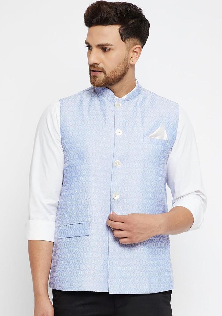 Blue Woven Poly Blend Nehru Jacket For Men