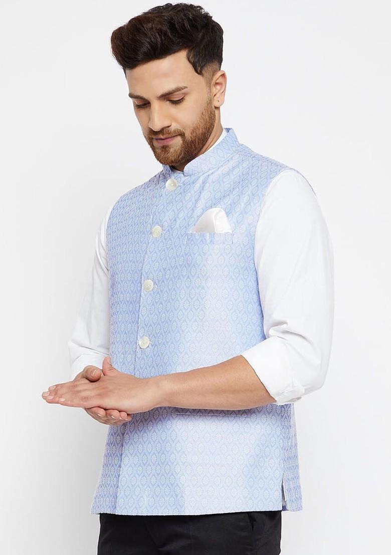 Blue Woven Poly Blend Nehru Jacket For Men