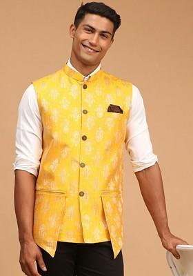 Yellow Printed Poly Blend Nehru Jacket For Men