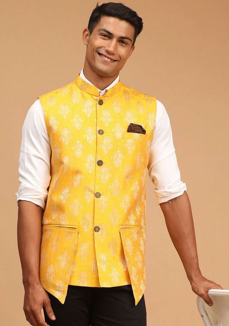 Yellow Printed Poly Blend Nehru Jacket For Men - Indya