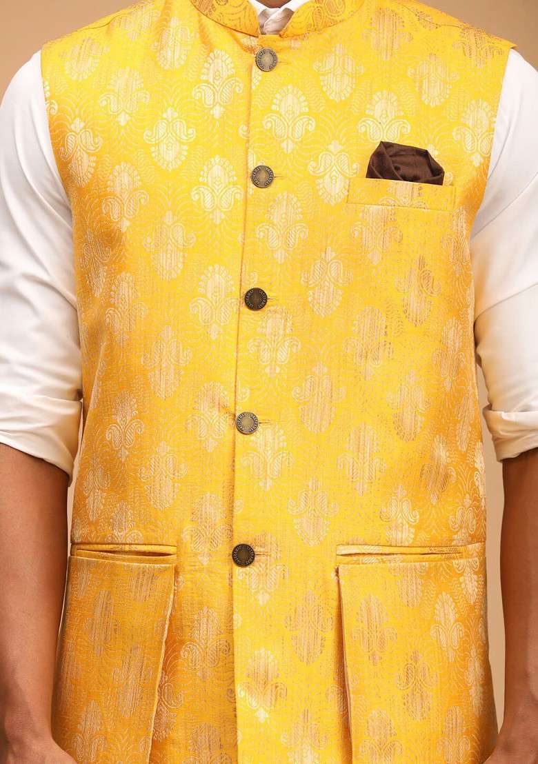 Yellow Printed Poly Blend Nehru Jacket For Men - Indya