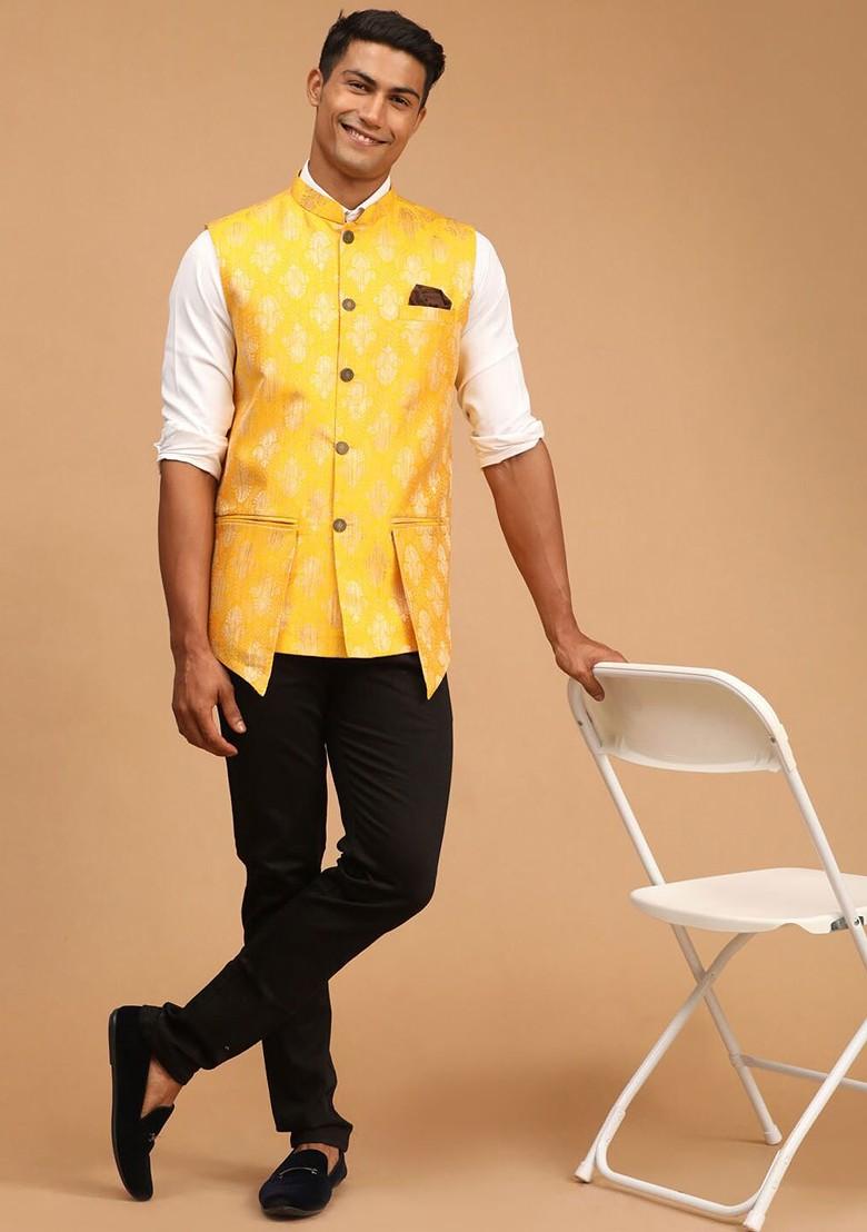 Yellow Printed Poly Blend Nehru Jacket For Men