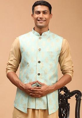 Sea Green Woven Poly Blend Nehru Jacket For Men