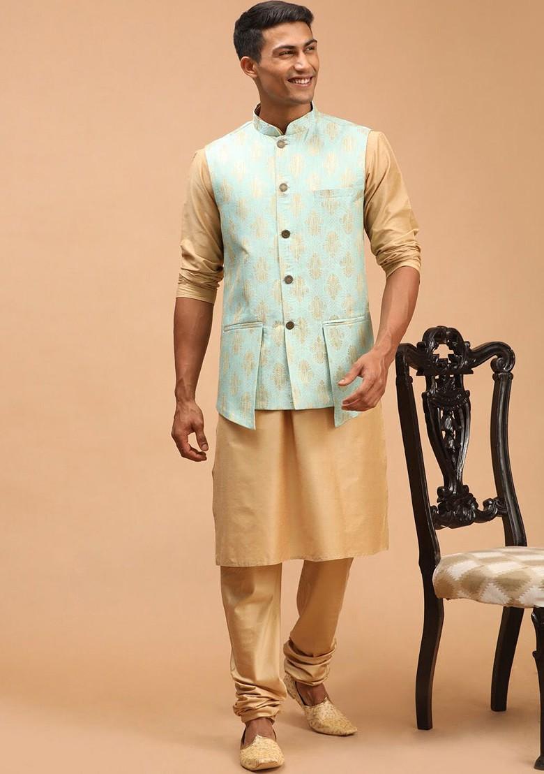 Sea Green Woven Poly Blend Nehru Jacket For Men