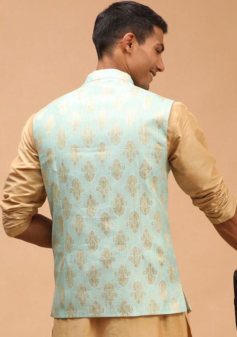 Sea Green Woven Poly Blend Nehru Jacket For Men