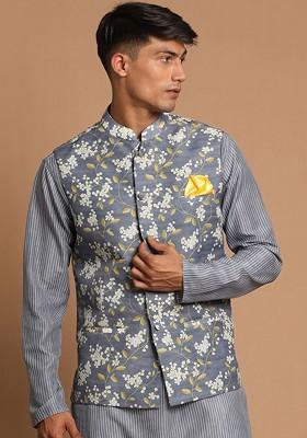 Grey Woven Poly Blend Nehru Jacket For Men