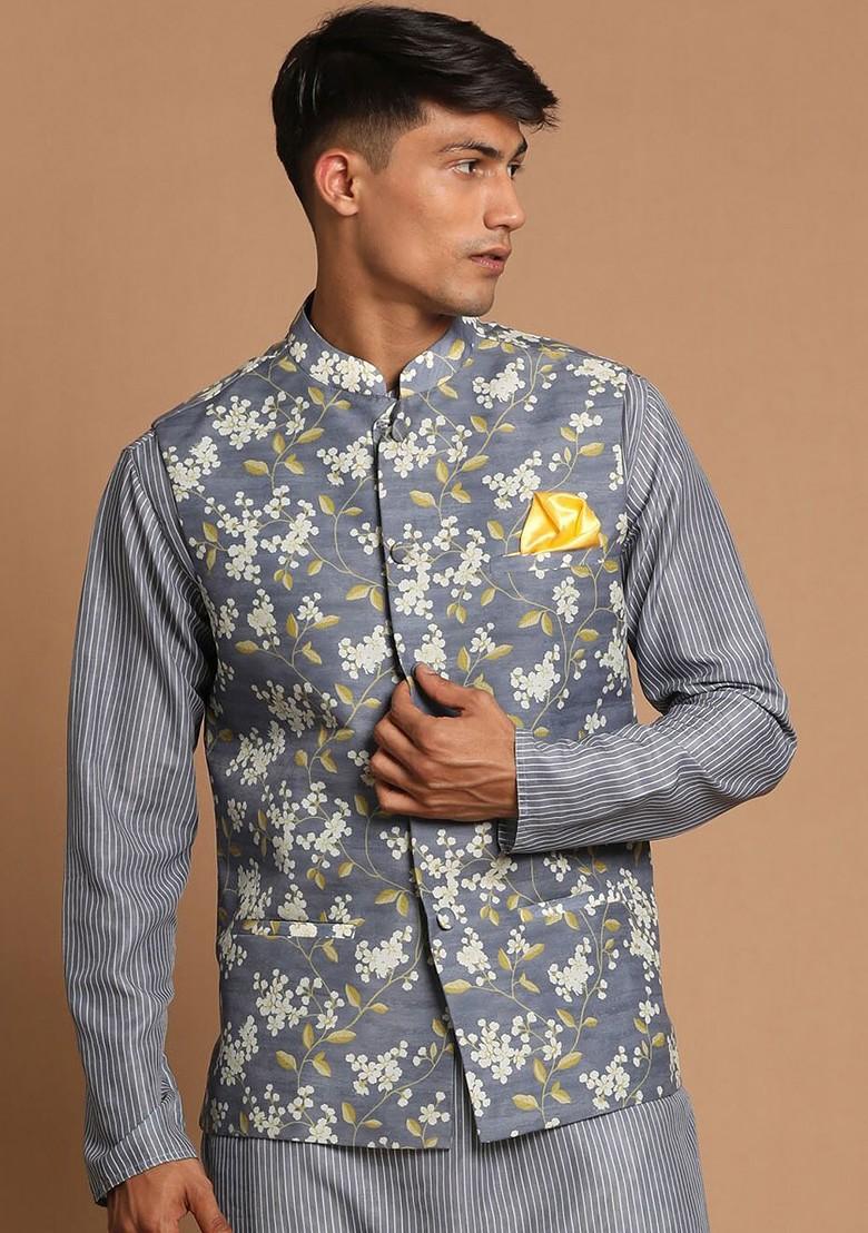 Grey Woven Poly Blend Nehru Jacket For Men
