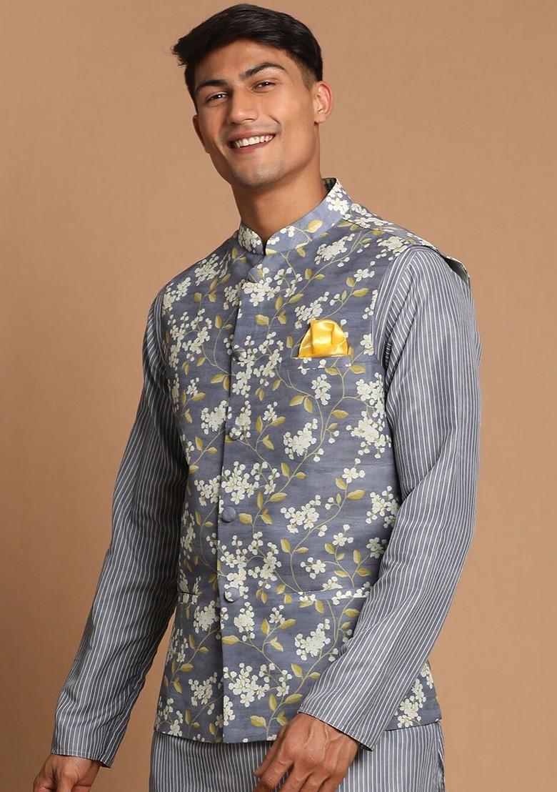 Grey Woven Poly Blend Nehru Jacket For Men