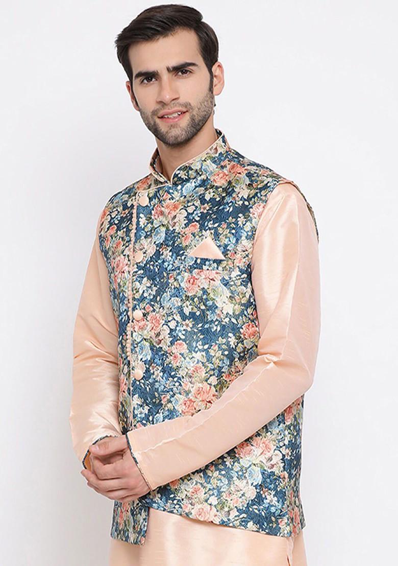 Multi Printed Poly Blend Nehru Jacket For Men