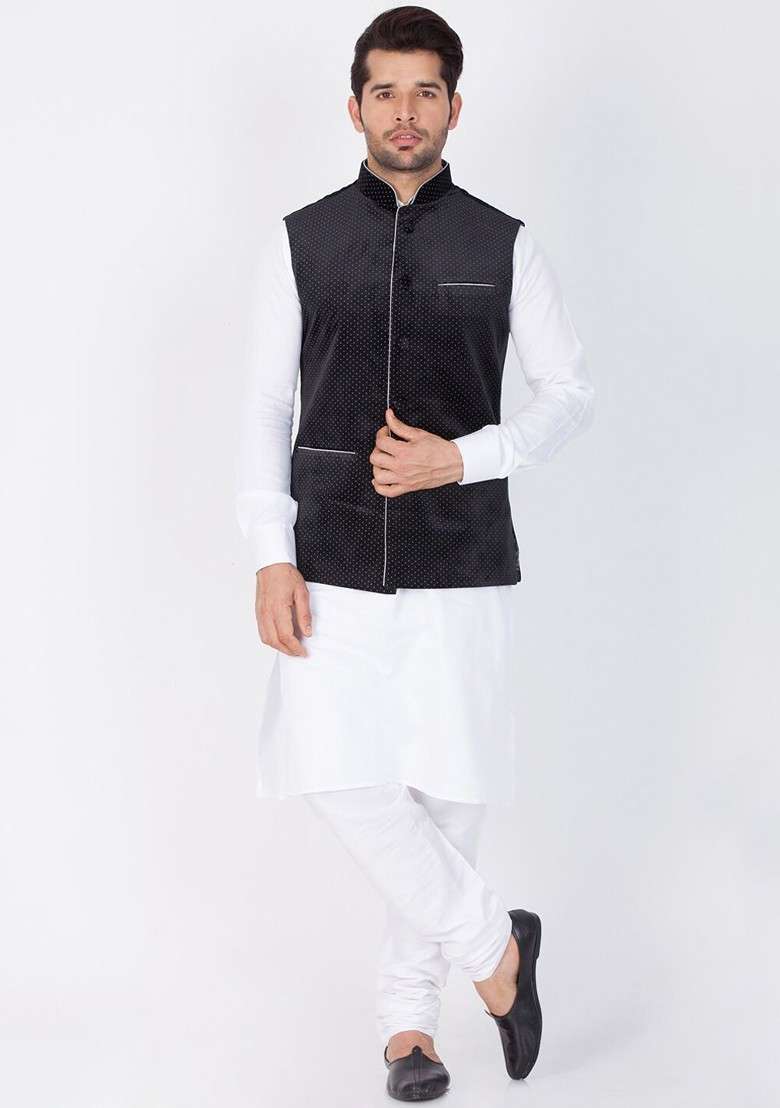 Black Printed Poly Blend Nehru Jacket For Men - Indya