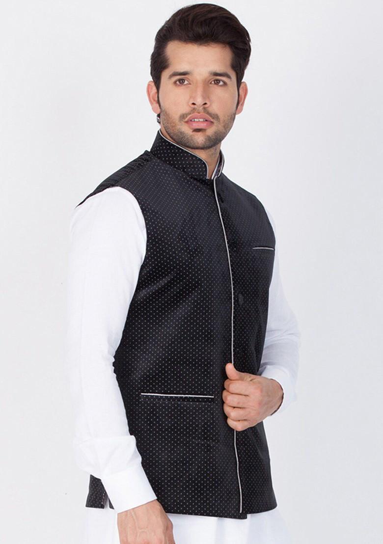 Black Printed Poly Blend Nehru Jacket For Men