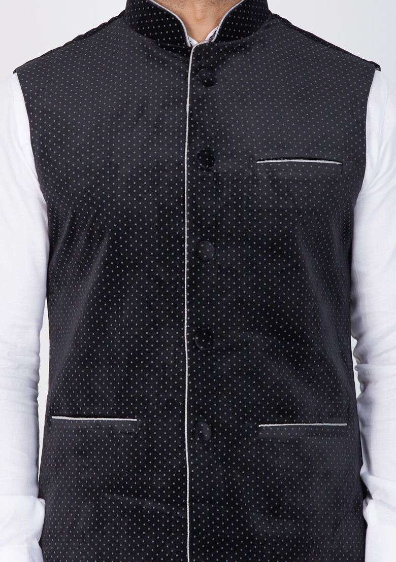 Black Printed Poly Blend Nehru Jacket For Men - Indya