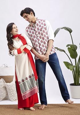 White Floral Print Poly Blend Nehru Jacket For Men