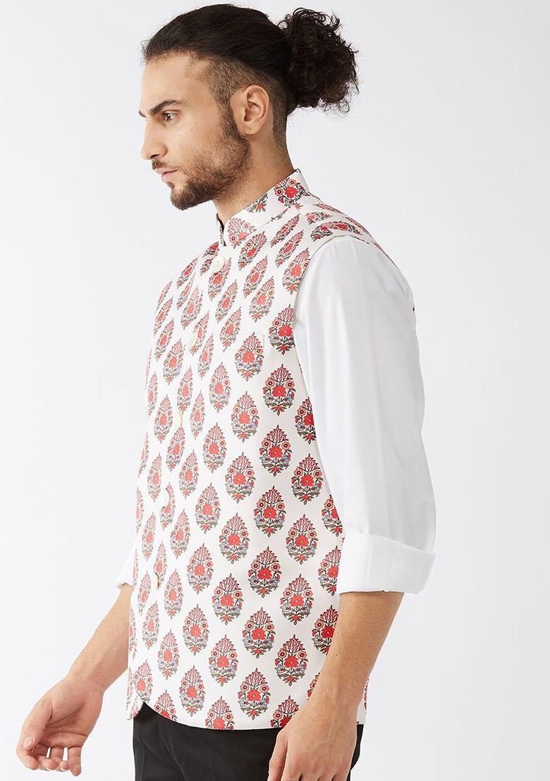 White Floral Print Poly Blend Nehru Jacket For Men