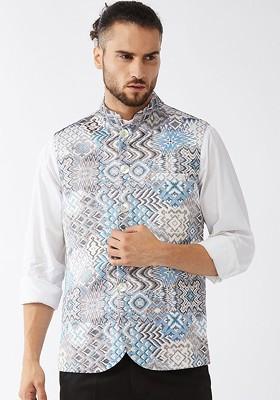 White Printed Poly Blend Nehru Jacket For Men