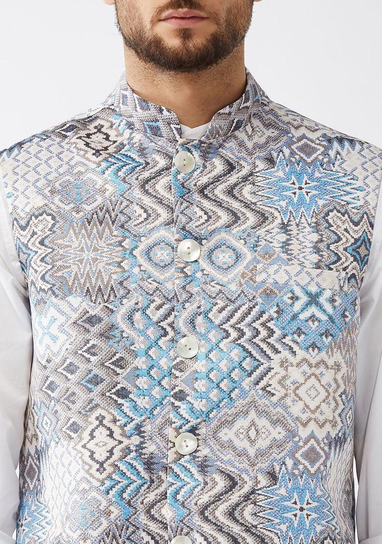 White Printed Poly Blend Nehru Jacket For Men