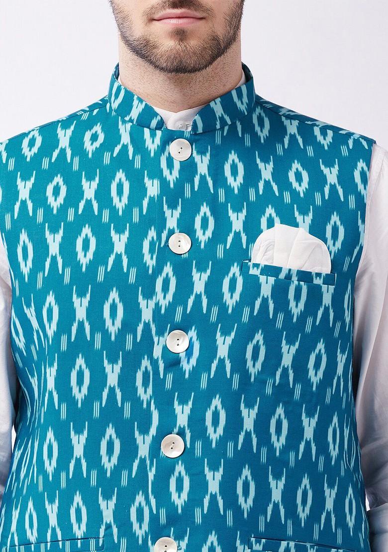 Turquoise Blue Printed Cotton Nehru Jacket For Men