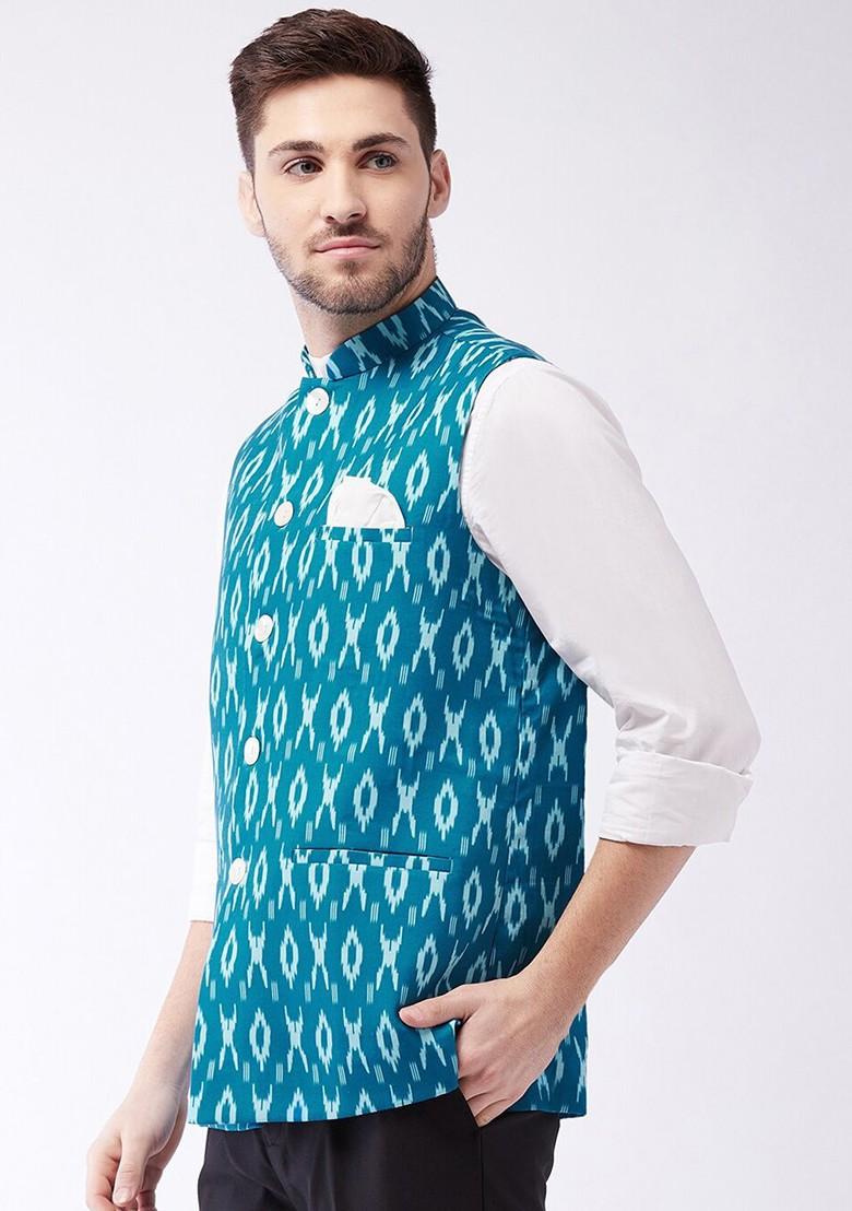 Turquoise Blue Printed Cotton Nehru Jacket For Men