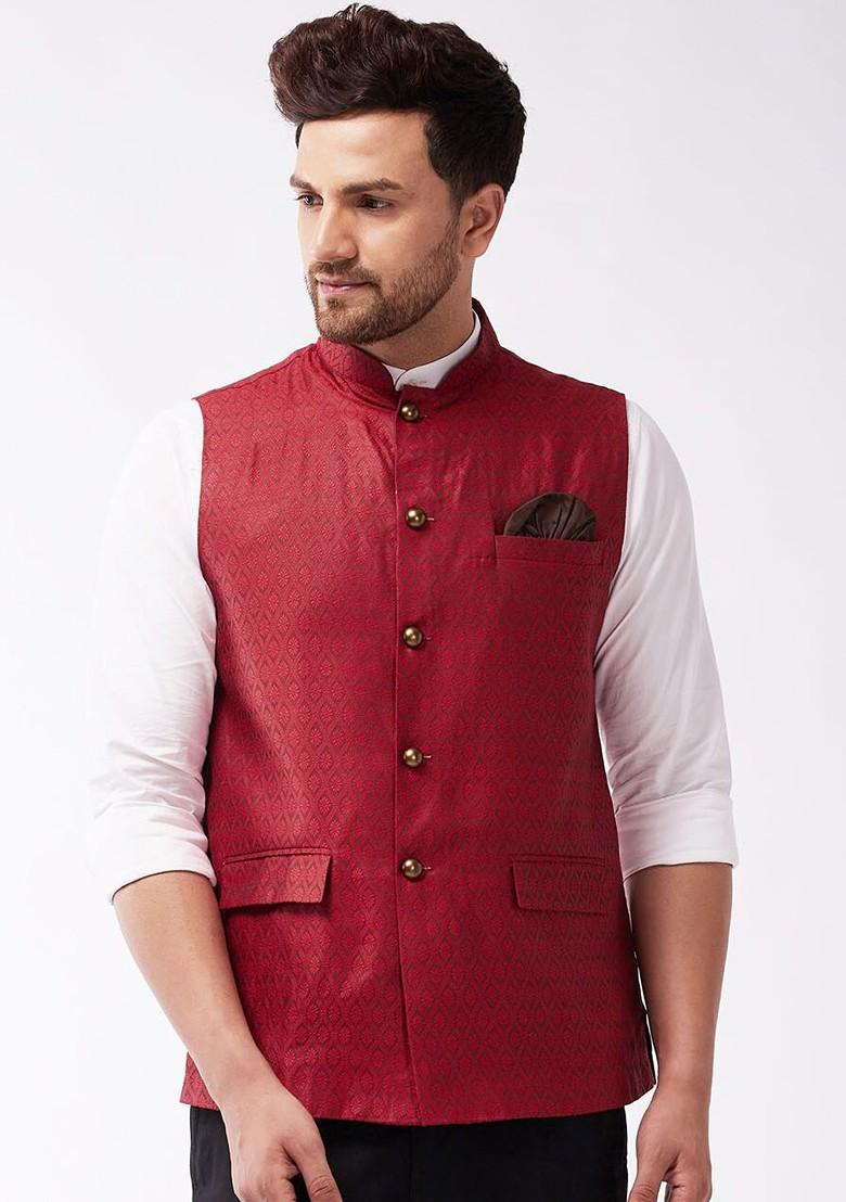 Maroon Woven Poly Blend Nehru Jacket For Men