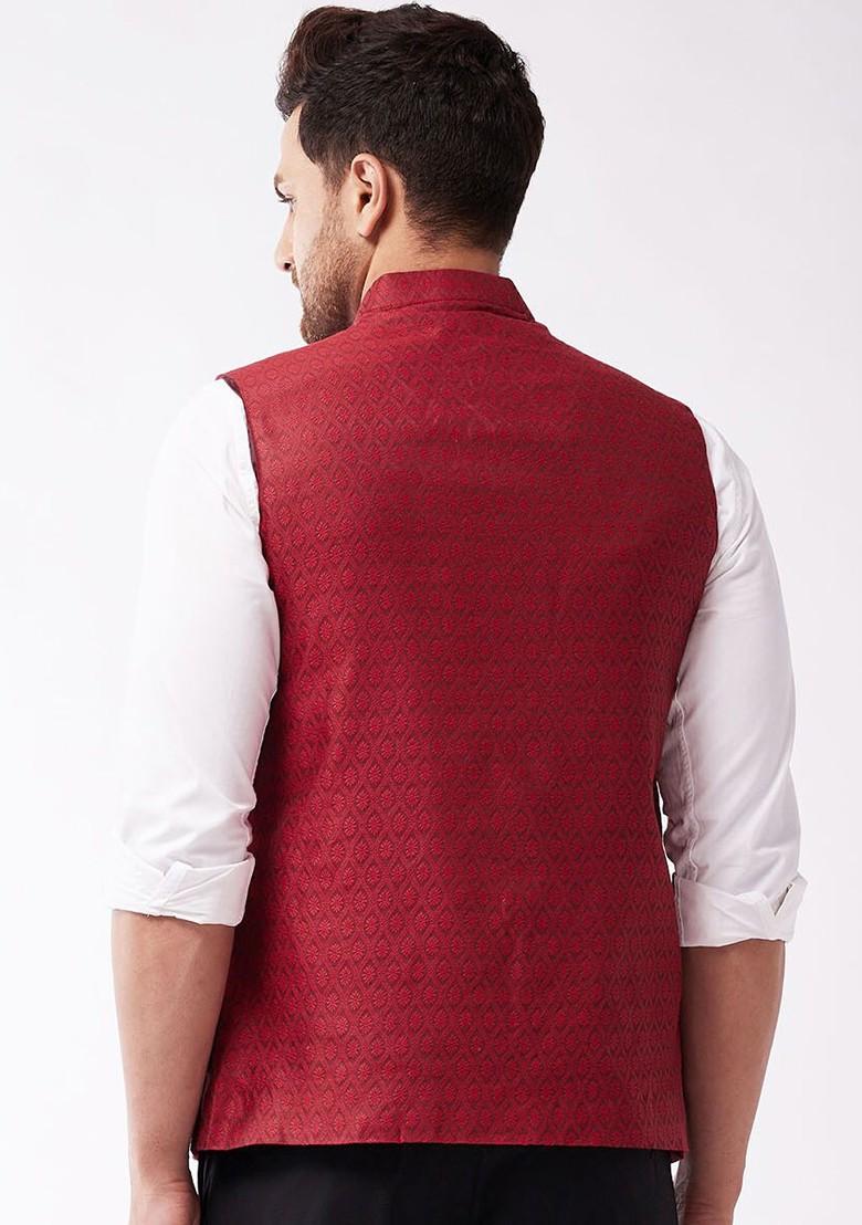 Maroon Woven Poly Blend Nehru Jacket For Men