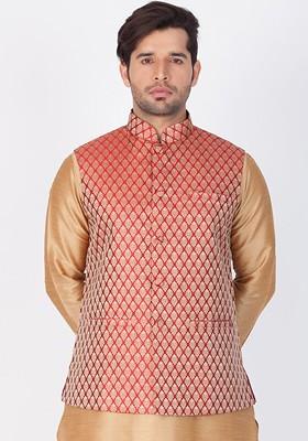 Rust Woven Poly Blend Nehru Jacket For Men