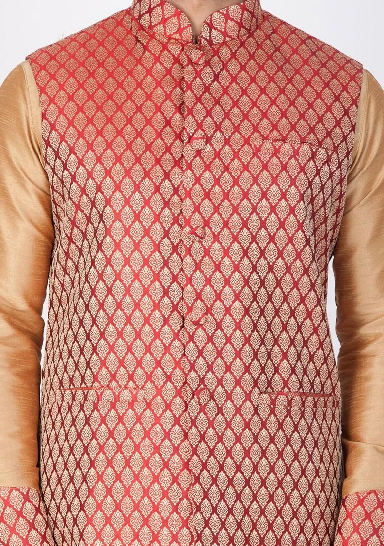 Rust Woven Poly Blend Nehru Jacket For Men